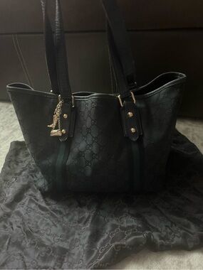 Gucci Black Monogram Tote Bag with Green Stripe